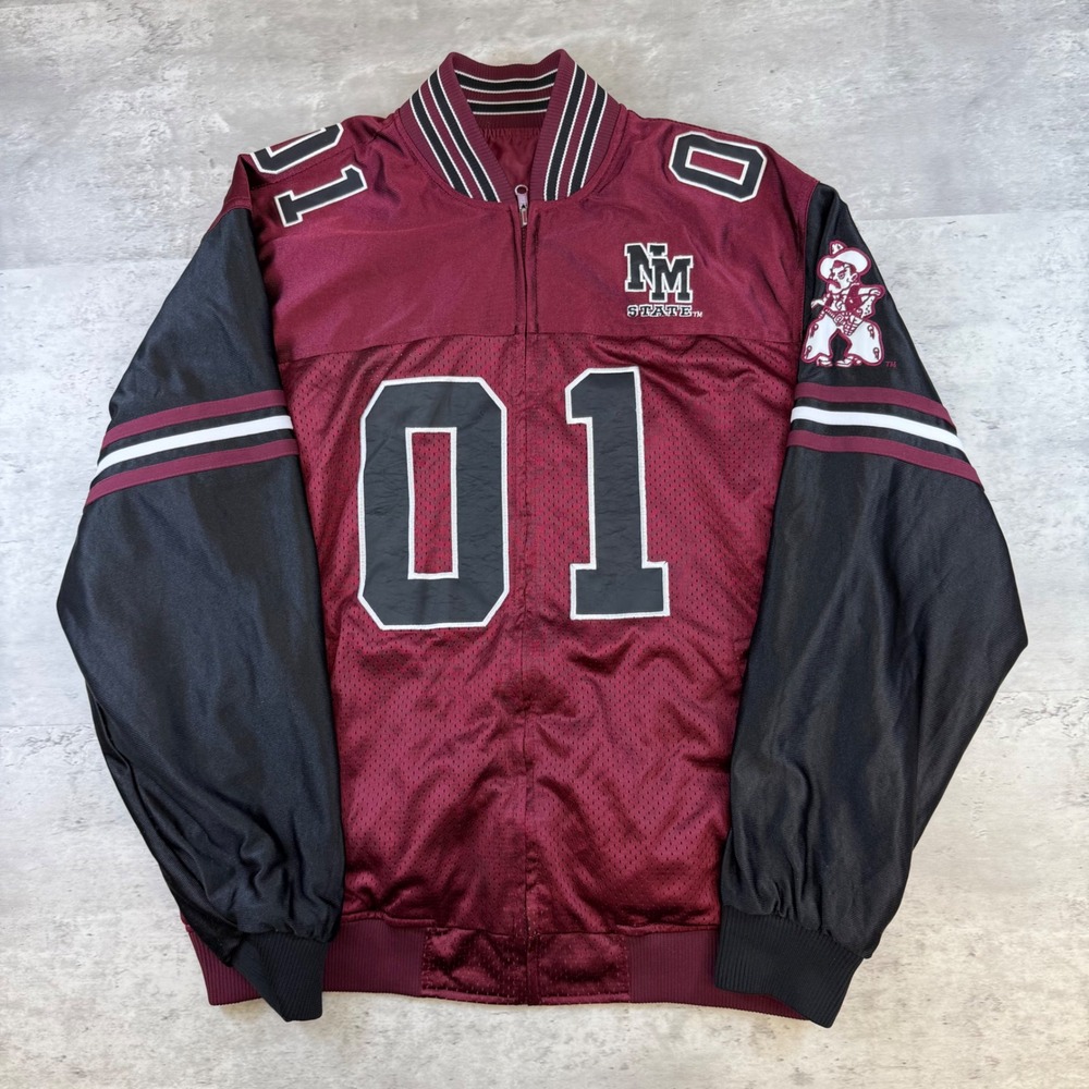 NM State Aggies Bomber Jacket Maroon Black Mesh Varsity Zip Up Mens XL 01